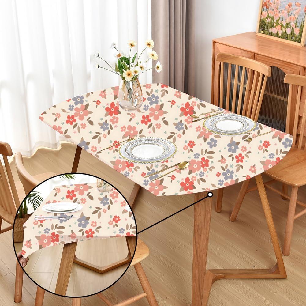 Fitted Elastic Spring Floral Oval Tablecloth 42x60 Inch - Fresh Wildflower Print, Washable Stretchy Spandex (Not Vinyl) for Home Dining Room Oval Tables