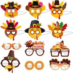 KatchOn Happy Thanksgiving Glasses and Masks  Pack of 12 | Thanksgiving Party Favors | Turkey Photo Booth Props, Turkey Mask | Thanksgiving Accessories | Harvest Party Favors, Thanks Giving Decor (Orange and Brown)