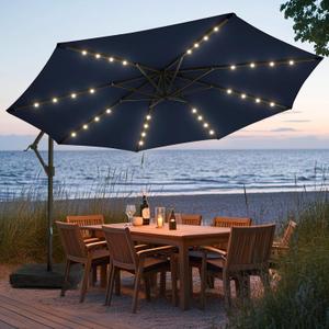 wikiwiki 10FT Solar Patio Offset Umbrella with Base Included, Outdoor Cantilever Umbrella Hanging Umbrellas with Weighted Sandbag Base, Market Patio Umbrella for Backyard, Garden & Deck, Navy Blue