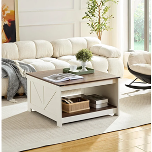 Farmhouse Coffee Table for Living Room, Wood Square Coffee Tables, 31.5" D x 31.5" W, Antique White
