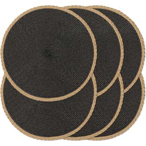 Noctiflorous Round Placemats Set of 6, 15 Inch Braided Hand Woven Table Mats, Heat Resistant Non-Slip Wipeable Thin Edge Place Mats for Kitchen Dining Indoor Outdoor Use (Black, 6)