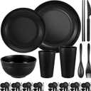 72 Pcs Plates and Bowls Sets, Unbreakable Wheat Straw Dinnerware Set Service for 8, Plastic Dish Set, Reusable Plates Bowls Cups for Kitchen, Camping, Outdoor, Dorm Microwave & Dishwasher Safe, Black