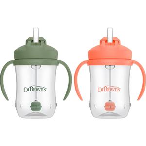 Dr. Brown's Milestones Baby's First Straw Cup, Training Cup with Weighted Straw, 9 oz/ 270 mL, BPA-free, 6m+, Coral/ Olive Green, 2-Pack