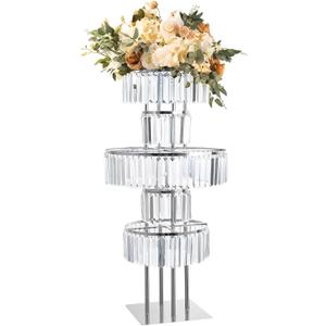 Bigsee Silver Vases Centerpieces Crystal Flower Stand with Hanging Crystals, 5 Tier Round Chandelier Pedestal Stand for Wedding Road Lead T Stage Flower Arrangement Decoration