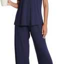 POKWAI Women 2 Piece Pajamas Sets Short Sleeve Tops and Pants Pajama Set Comfy Pjs Sleepwear Loungewear (X-Large, Dark Blue)