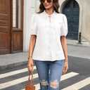 Women's 100% Linen Button Tops Short Sleeve Ruched Collar Neck Tie Front Button Dwon 2026 Summer Blouse (White)