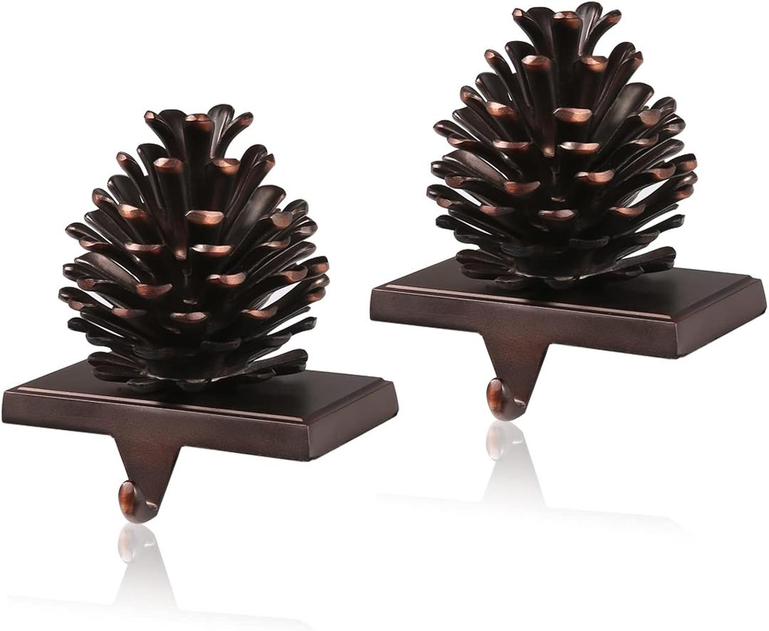 JUSTOTRY 3D Pine Cones Christmas Stocking Holders for Mantle Set of 2 with Non-Skid Brown Stocking Hangers for Fireplace Home Decor Holiday Gifts Xmas Decorations Supplies
