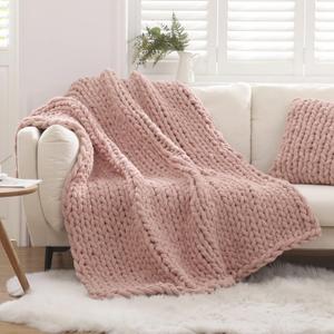 WESHIONGOO Chunky Knit Blanket Throw 51"63" Knitted Throw Blankets for Couch Bed Fluffy Soft Blanket with Jumbo Chenille Yarn Thick 100% Handmade (Pink)