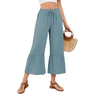 Himosyber Womens Cotton Wide Leg Cropped Pants Casual Drawstring Elastic Waisted Ruffle Hem Palazzo Pants with Pockets (S)