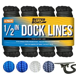 Boat Dock Lines, 1/2 Inch Braided Nylon Rope, 25 ft Mooring Marine Docking Lines with Loop, Black, 4 Pack Boat Dock Lines, 1/2 Inch Braided Nylon Rope, 25 ft Mooring Marine Docking Lines with Loop, Black, 4 Pack