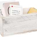 Rustic White Washed Wood Mail Box Storage Holder File Organizer Tabletop Wooden Basket Letter Script Design Envelope Folder Decorative Container Desk Home Office Entryway Bedroom Living Room