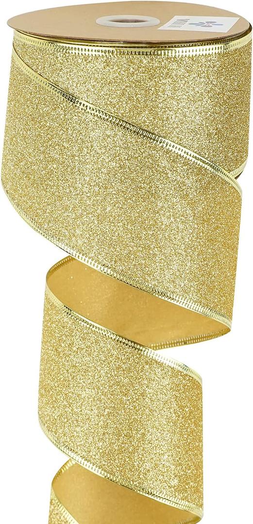 MEEDEE Gold Wired Ribbon 2.5 Inch Metallic Thick Glitter Ribbon by 25 Yards for Christmas Tree Decoration, Garland, Wreath Supplies