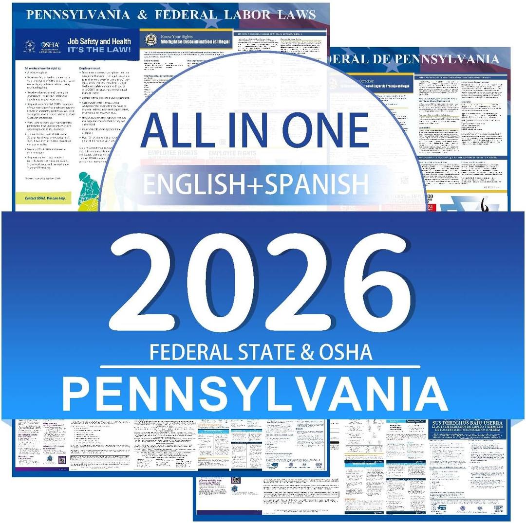KIKIGO 2026 Pennsylvania State & Federal Labor Laws Poster OSHA Bilingual Poster, 24 x 36 inches