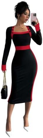 SOLY HUX Women's Long Sleeve Square Neck Bodycon Elegant Midi Dress Pencil Cocktail Party Dresses, Small
