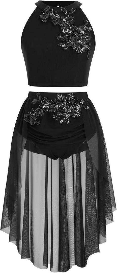 Women Lyrical Dance Costume Halter Floral Sequins Crop Top High-Low Skirt with Briefs Adult Contemporary Dance Dress (Black, L)