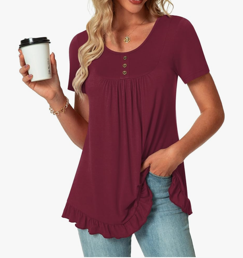 POPYOUNG Tunic Tops for Women Dressy Loose Fit Casual Short Sleeve Long Shirts Ruffled Hem Blouse wear with Leggings XL