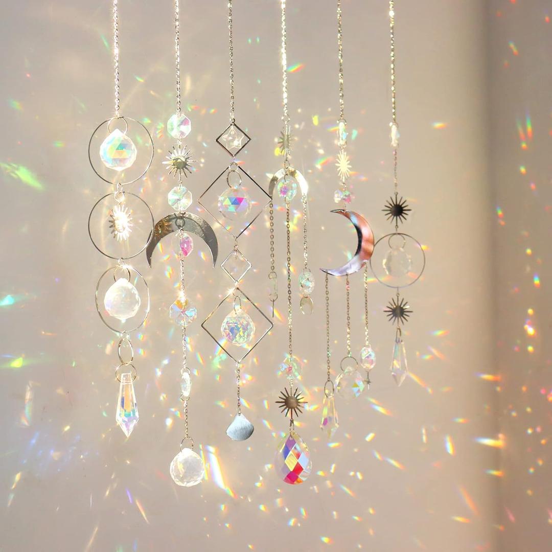6Pieces Crystal Suncatchers for Window Hanging Sun Catcher with Chain Rainbow Maker Crystal Prisms Decor for Home Garden Party Wedding Ornament Gift Mother Daughter (Silver)