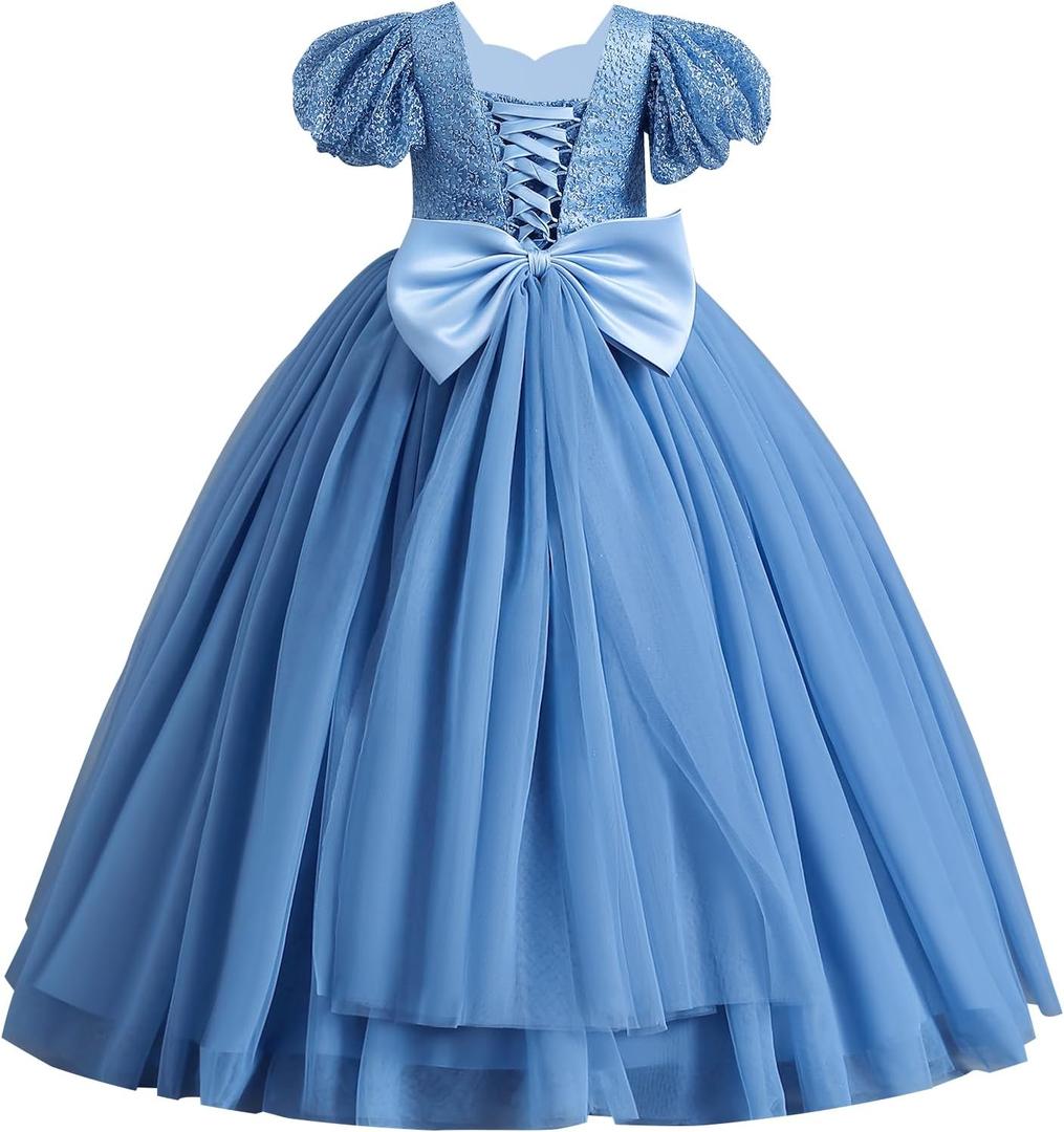 IDOPIP Flower Girl Sequin Lace-up Bow Dress for Kid Wedding Bridesmaid Pageant Party Formal Long Gown Communion Tulle Dresses (9-10 Years, Blue)