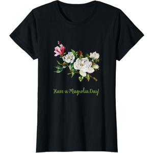 Fun Magnolia T-shirt Floral Women T Shirt (Small, Black)