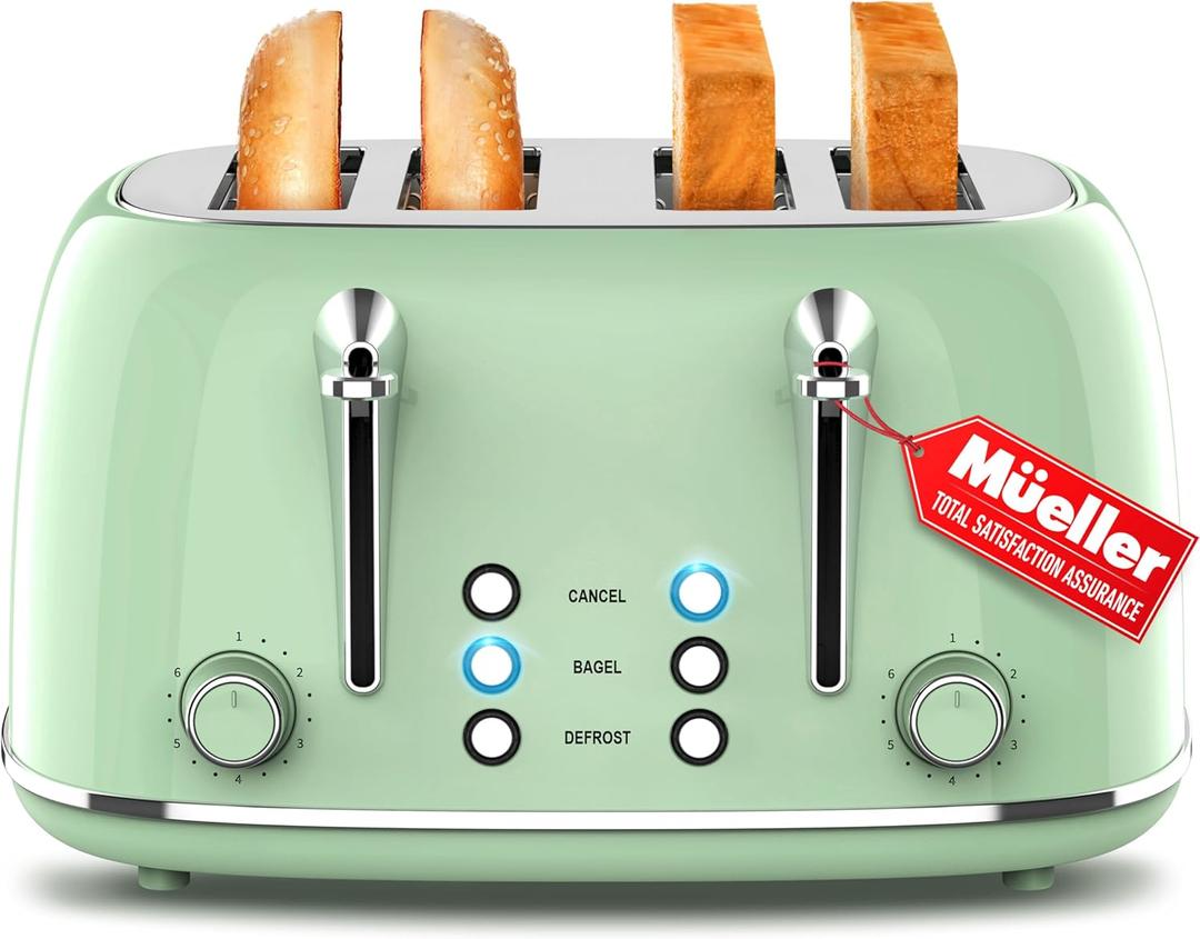 Mueller Retro Toaster 4 Slice with Extra Wide Slots Bagel, Defrost, and Cancel Function, 6 Browning Levels, Dual Independent Controls, Removable Crumb Tray and High Lift Levers, Sage Green