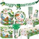 Srua Don Dinosaur Birthday Party Supplies Boy - Dino Dinosaur Birthday Decorations Tableware, Paper Plate, Cup, Napkin, Tablecloth, Disposable Cutlery, Banner, Serves 24