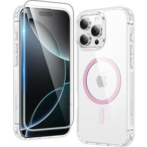 FNTCASE for iPhone 16 Pro-Max Case: Clear Magnetic Phone Cases Compatible with Magsafe Slim Anti Yellowing Military Grade Drop Protection Rugged Protective Transparent Cell Phone Cover (C-A Pink)
