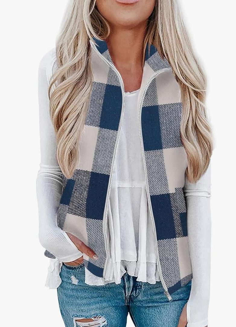Rapbin Women's Plaid Outerwear Vests Tops Zip Up Collared Sleeveless Jacket with Pockects M
