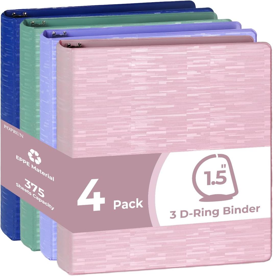 POPRUN 3 D Ring Binder 1.5 Inch, PVC-Free, Holds 375 Sheets of 8.5 x 11 Paper, Extra Durable Organizer with 2 Pockets for School & Office, Heavy-Duty, 4 Pack, Multicolor
