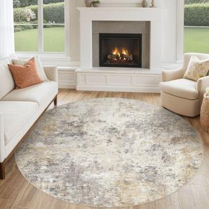 UERMEI 6ft Round Area Rug Living Room Rugs - 6x6 Washable Neutral Modern Abstract Soft Thin Rug Indoor Floor No Slip Rug Carpet for Bedroom Under Dining Table Home Office Decor - Golden Grey