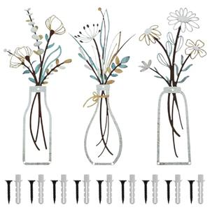 Metal Flower Walls Art Beautiful Metal Flowers Wall Decor Decorative Flower Vase Wall Art for Living Room Bathroom Bedroom Dining Room Walls (5.9 * 13.77 in)