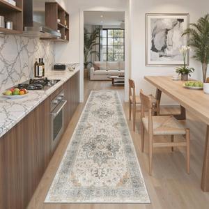 Madane Runner Rug 2x8, Washable Hallway Runner Rugs, Non-Slip Low-Pile Soft Kitchen Rug Runner Laundry Room Rug, Vintage Throw Entry Foyer Mat for Entrance Living Room (Light Taupe Brown, 2 x 8)