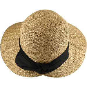 Surblue Womens Straw Sun Hat Wide Brim Foldable Panama Roll up Cap Fedora Beach Sun Hat UPF50+ (One Size, Coffee)