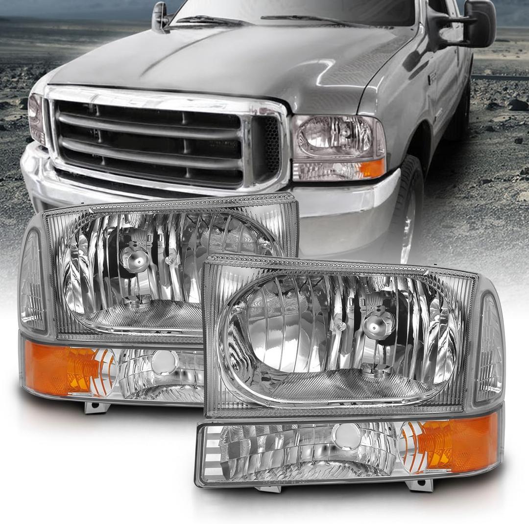 AmeriLite for 1999-2004 Ford Super Duty F250 F350 F450 F550 | Excursion Chrome Factory Style Replacement Headlights w/Corner Bumper Corner Set - Passenger and Driver Side