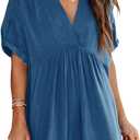 Minclouse Women's Babydoll Short Sleeve Tunic Dress V Neck Cute Casual Loose Dresses (Blue) Size Small
