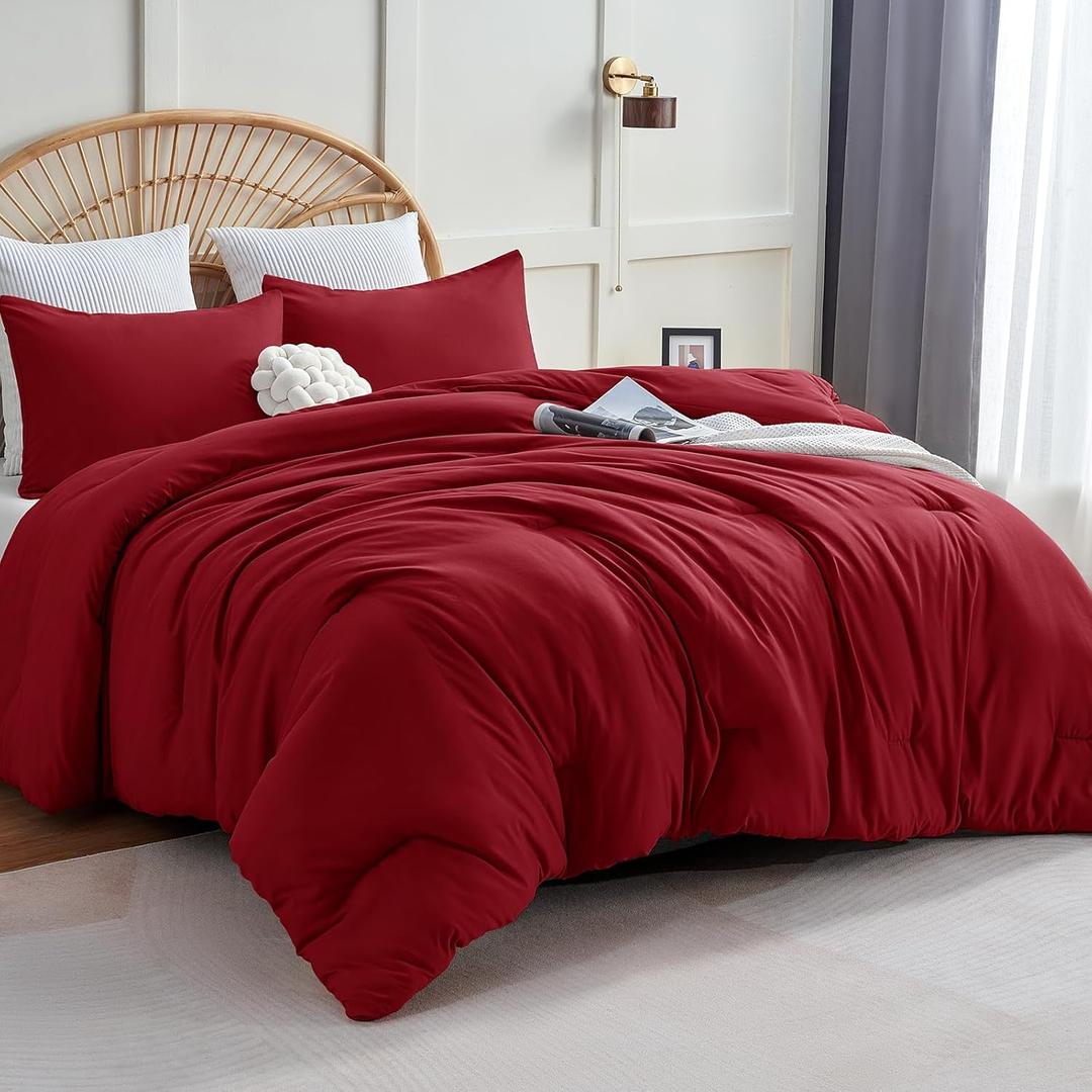 CozyLux Queen Comforter Set Dark Red, 3 Pieces Solid Comforters Queen Size Breathable Quilted Bedding Sets, Luxury Soft Lightweight Bed Set with Down Alternative Comforter and 2 Pillowcases All Season
