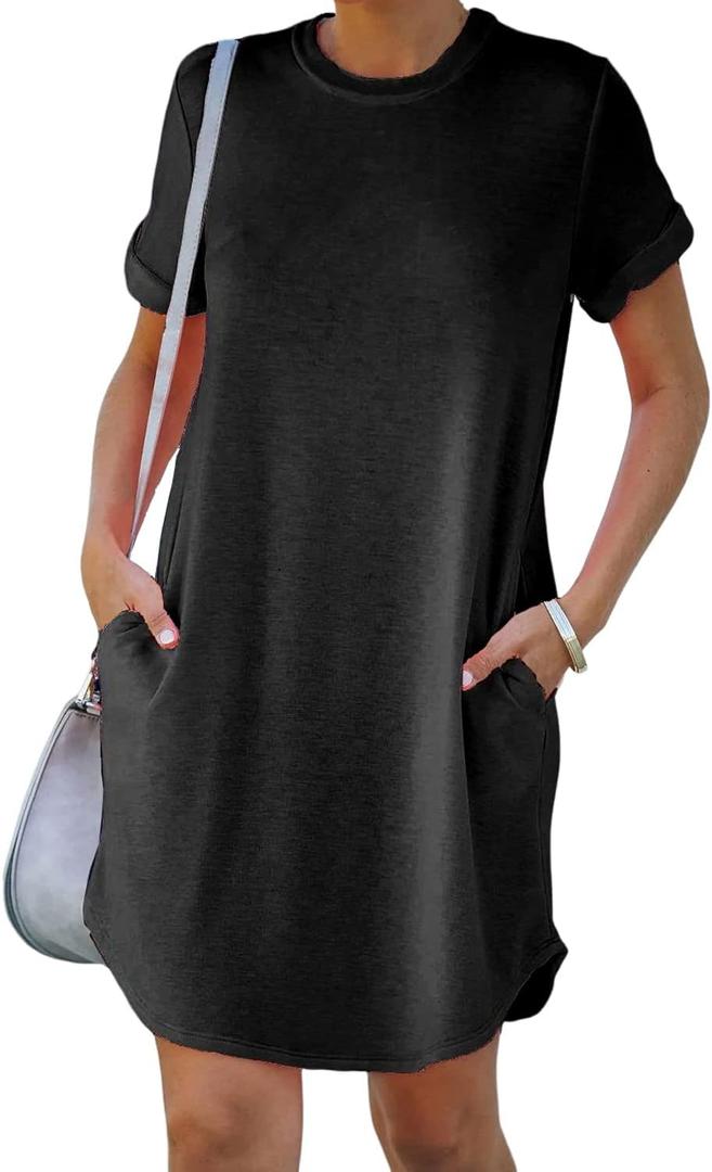 YEXIPO Women's Casual Summer Short Sleeve T Shirt Dress Nightgown Crew Neck Loose Solid Color Basic Dresses with Pockets, L