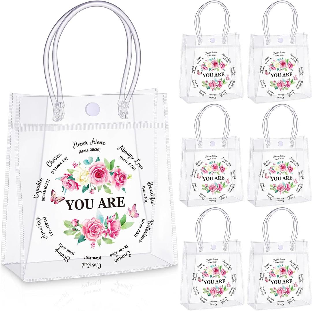 AmazingSpark 24 Pcs Christian Gift Bags for Women Bulk Mother Day Clear Gift Bags Inspirational Gifts for Women Pink Floral Religious Goodie Bag with Handles Gifts for Church Bible Birthday Party