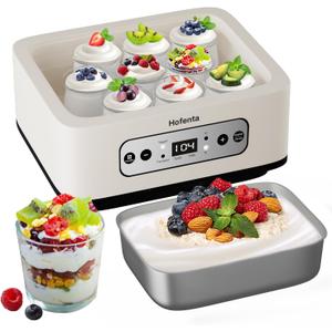 1.7 Quart Yogurt Maker with Stainless Steel Bowl, 9 Glass Jars, Digital Timer, Temperature Control, BPA-Free, Easy-to-Use, Family-Sized for Homemade Probiotic Yogurt, Dishwasher Safe