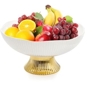 Ceramic Fruit Bowl, 10 Inch Decorative Pedestal Bowl with Golden Feet, Large Modern Footed Vegetable Basket for Kitchen Counter, Dining Table, Home Decor