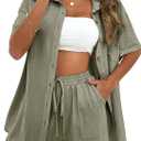APAFES Women Summer Cotton Linen Short Sets 2 Piece Shorts Top Lounge Beach Vacation Two Piece Outfits Tracksuits (Medium, Armygreen)