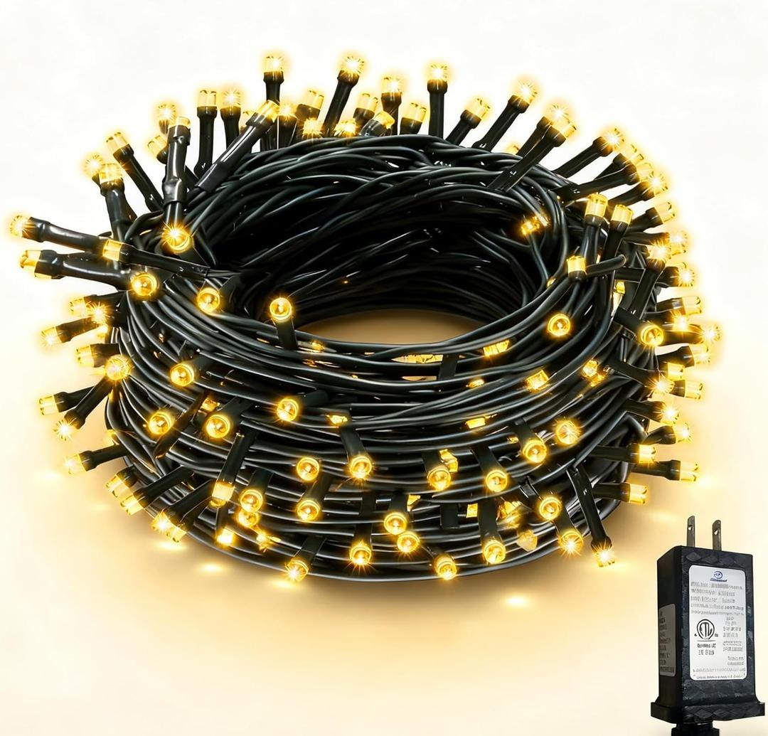 RPGT Christmas Light 100 LEDs 41ft Green Cable Wire Fairy String Twinkle Lights Plug in 12 Modes for Xmas Tree, Party, Indoor,Outdoor, Garden, Wedding, Home Decoration (Warm White)