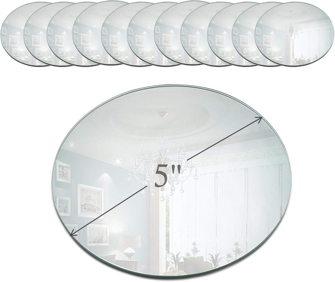 Light In The Dark 5 Inch Round Mirror Candle Plate with Beveled Edge Set of 12 - Small Round Mirrors for Centerpieces, Wall Dcor, Crafts
