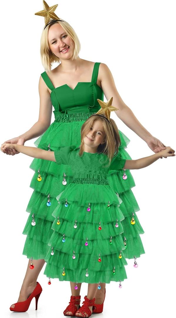 Hillban 23 Pcs Christmas Tree Costume Set Festive Party Dress Outfit Tulle Skirts Star Headband Beard Ornaments for Women (X-Small)