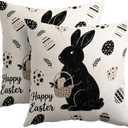 Kawani Happy Easter Bunny Pillow Covers 18X18 Inch Black White Rabbit Eggs Decorative Pillow Cases Set of 2 Holiday Farmhouse Throw Pillows for Sofa Couch Outdoor