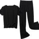 OLEETS Women's Pajamas Set - Loungewear Korean Style Ice Silk Nightshirt Women Sleepwear Short Sleeve Shirt + Trouser, Size M