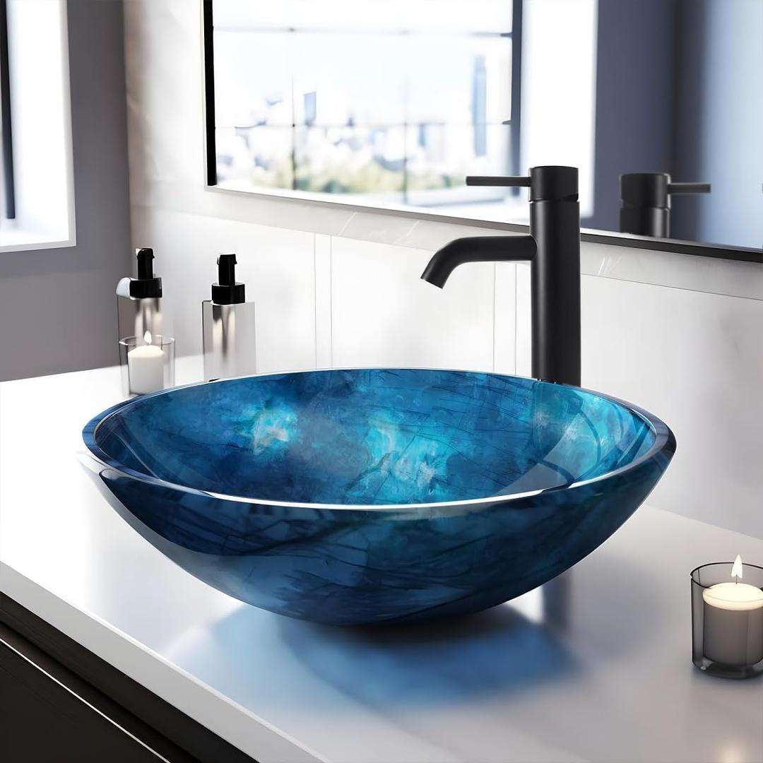 Vessel Sink 16.5" Bathroom Sinks Tempered Glass Blue Art Basin Round Bowl with Faucet Combo Blue, Modern Countertop Bowl Sink for Lavatory Vanity Cabinet