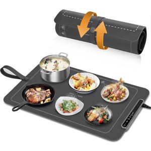 Warming Mat for Food - Food Warmers for Parties Buffet, Electric Warming Tray Full Surface Even Heating with 3-Level Temp Adjustable & Auto Timer, Roll-Up Silicone Heating Pad for Home,Travel (Grey)