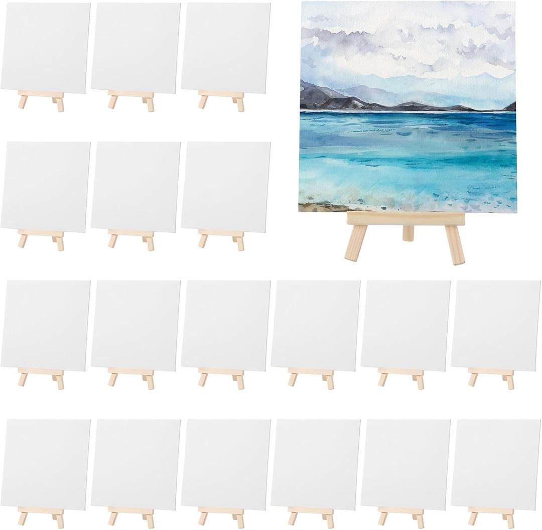 MotiMind 36 Pcs Mini Canvas and Easel Set for Painting, 6 x 6 Inch Canvas Panels with 6 Inch Wooden Easels for Oil Acrylic Painting Christmas Birthday Valentine's Mother's Day Art Crafts Party Favors