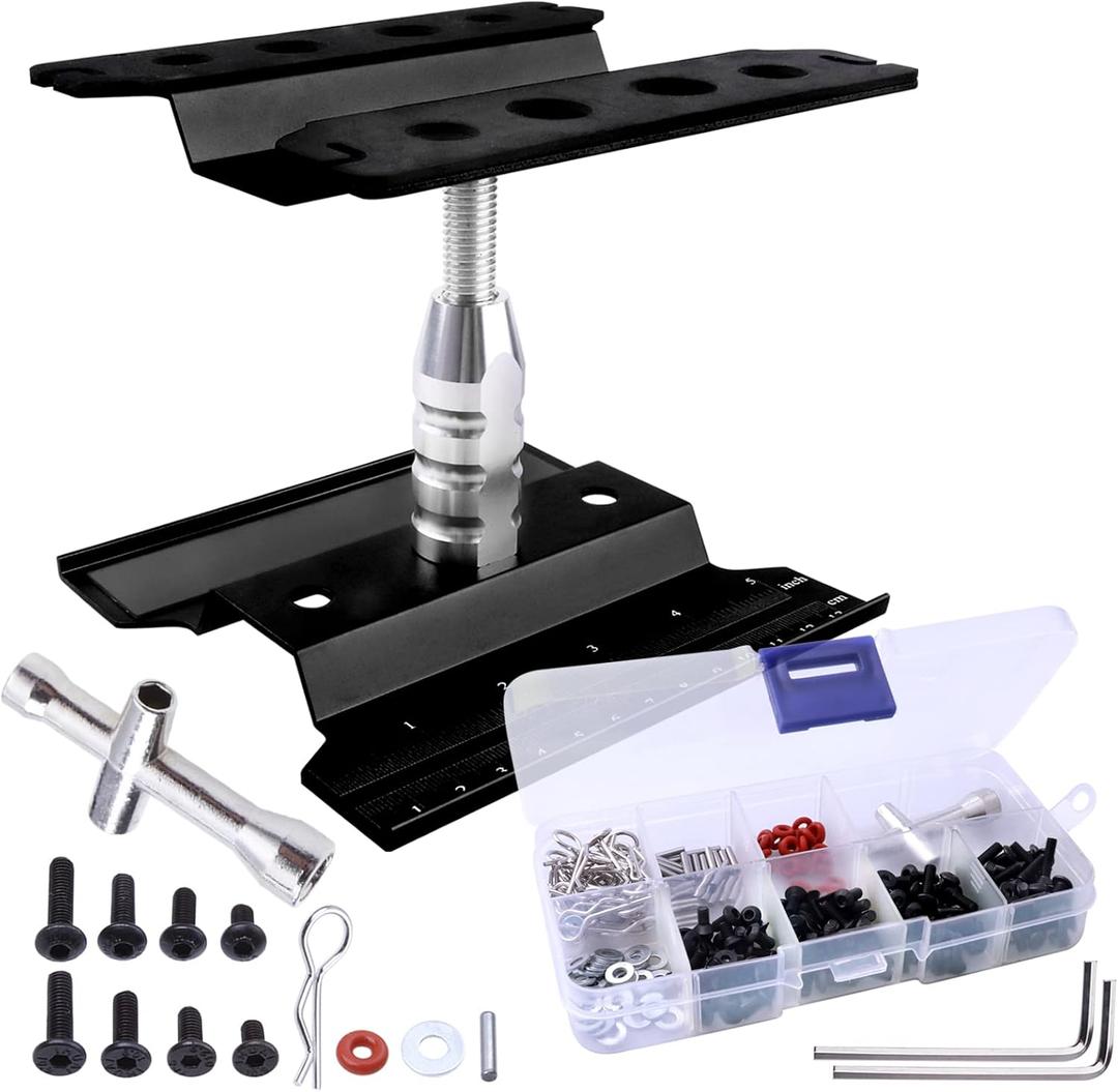 Aluminum Alloy RC Car Repair Work Stand Hobby Tool Set 360 Degree Rotation Lift/Lower and RC Screws Kit Repair Tool Box for 1/8 1/10 1/12 1/16 1/18 RC Car Truck Buggy Models (Black)
