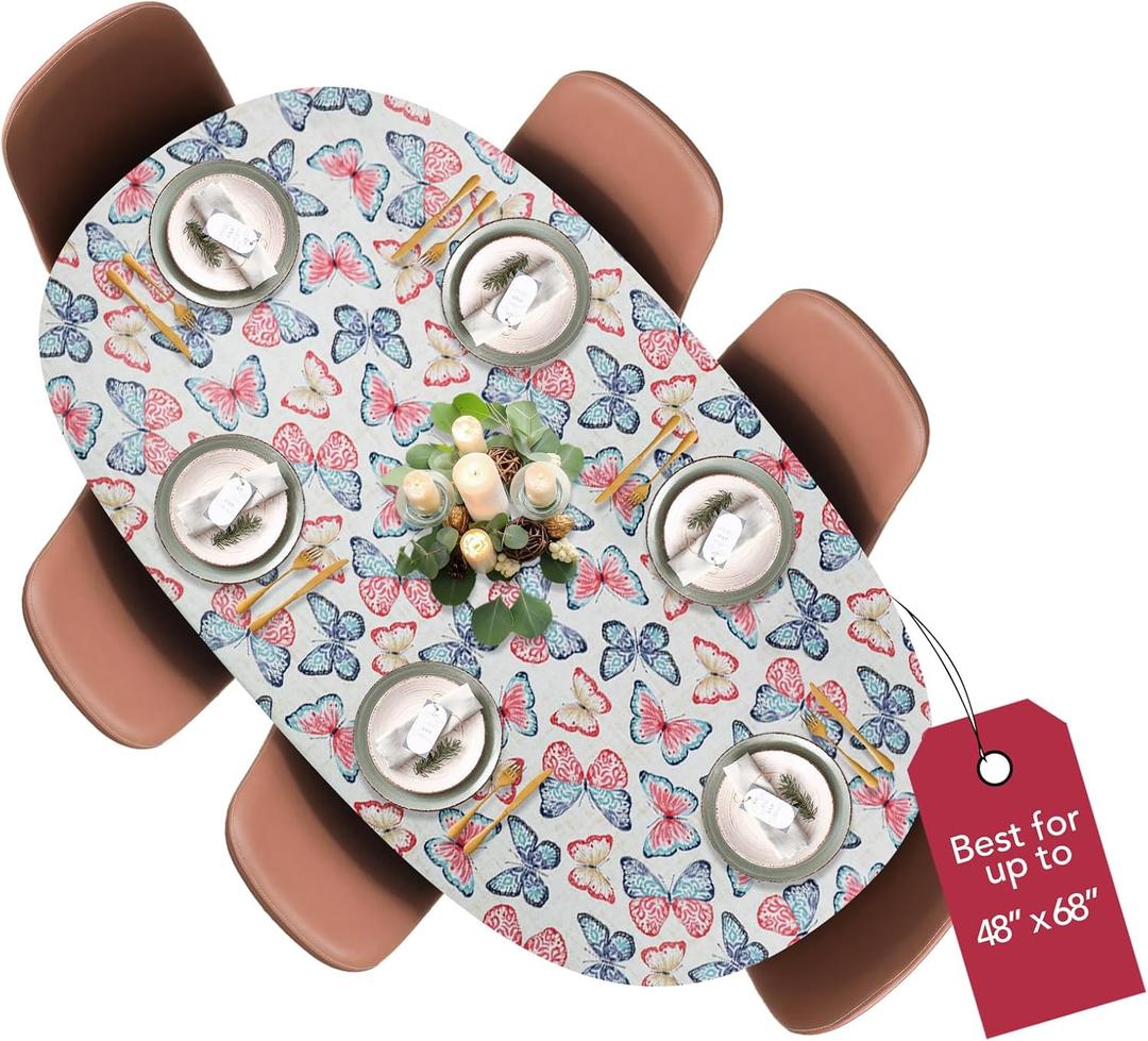 Covers For The Home Deluxe Elastic Edged Flannel Backed Vinyl Fitted Table Cover - Butterfly Pattern - Round Oblong Oval - Fits Tables up to 48" W x 68" L